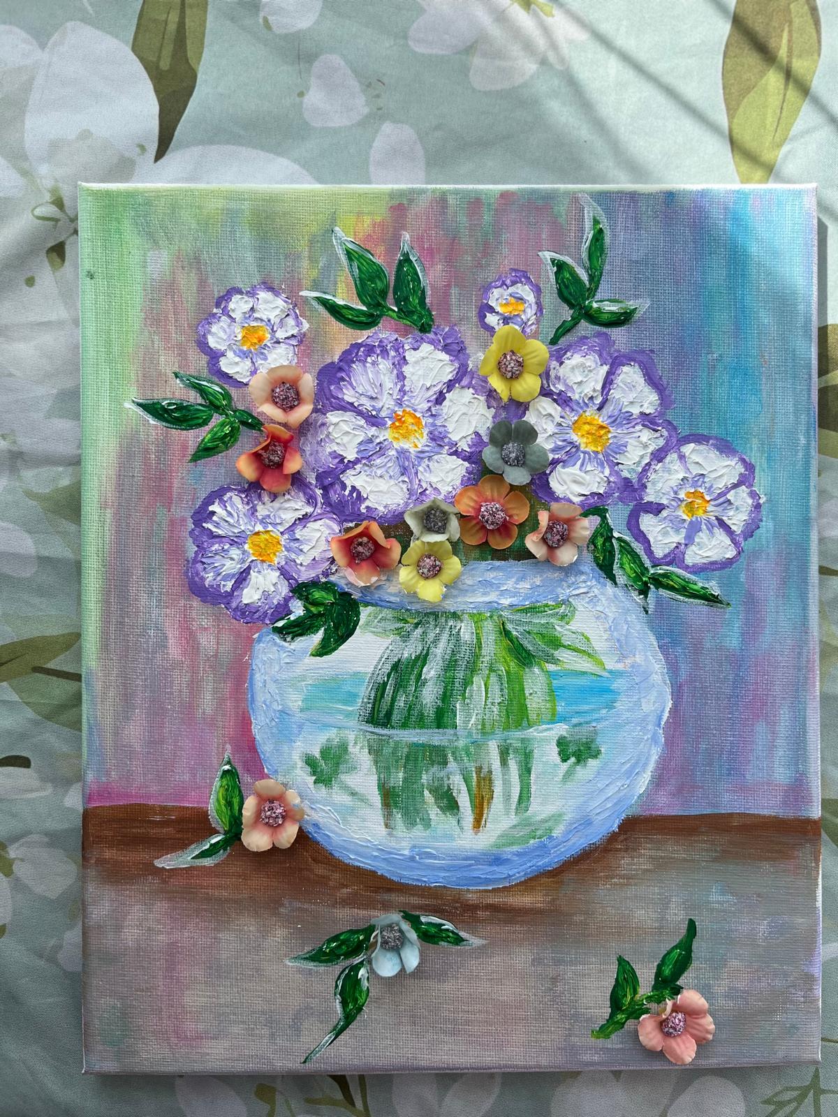 3D Hand-Painted Canvas: Featuring floral arrangements composed of elegant, multi-coloured artificial flowers.
