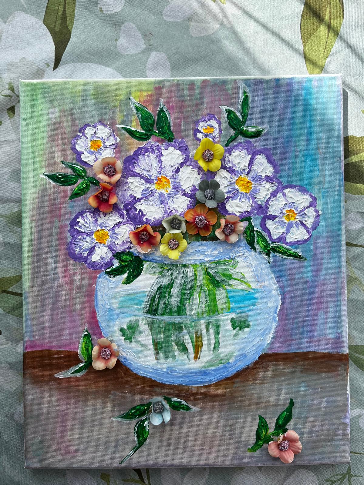 3D Hand-Painted Canvas: Featuring floral arrangements composed of elegant, multi-coloured artificial flowers.