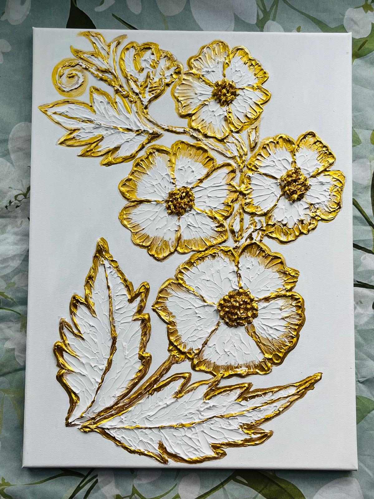 3D canvas adorned with elegant golden flowers, each meticulously hand-painted.