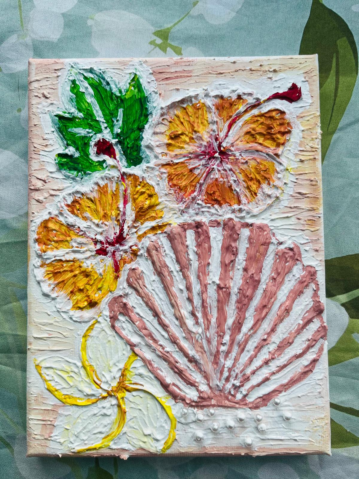 Hand-Painted 3D Canvas: Sea Shell Accented with Tropical Flowers