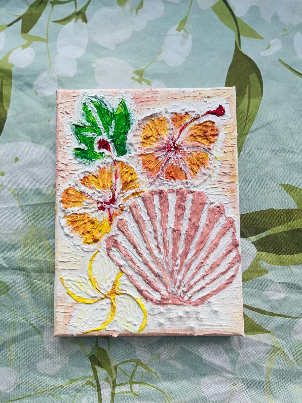 Hand-Painted 3D Canvas: Sea Shell Accented with Tropical Flowers