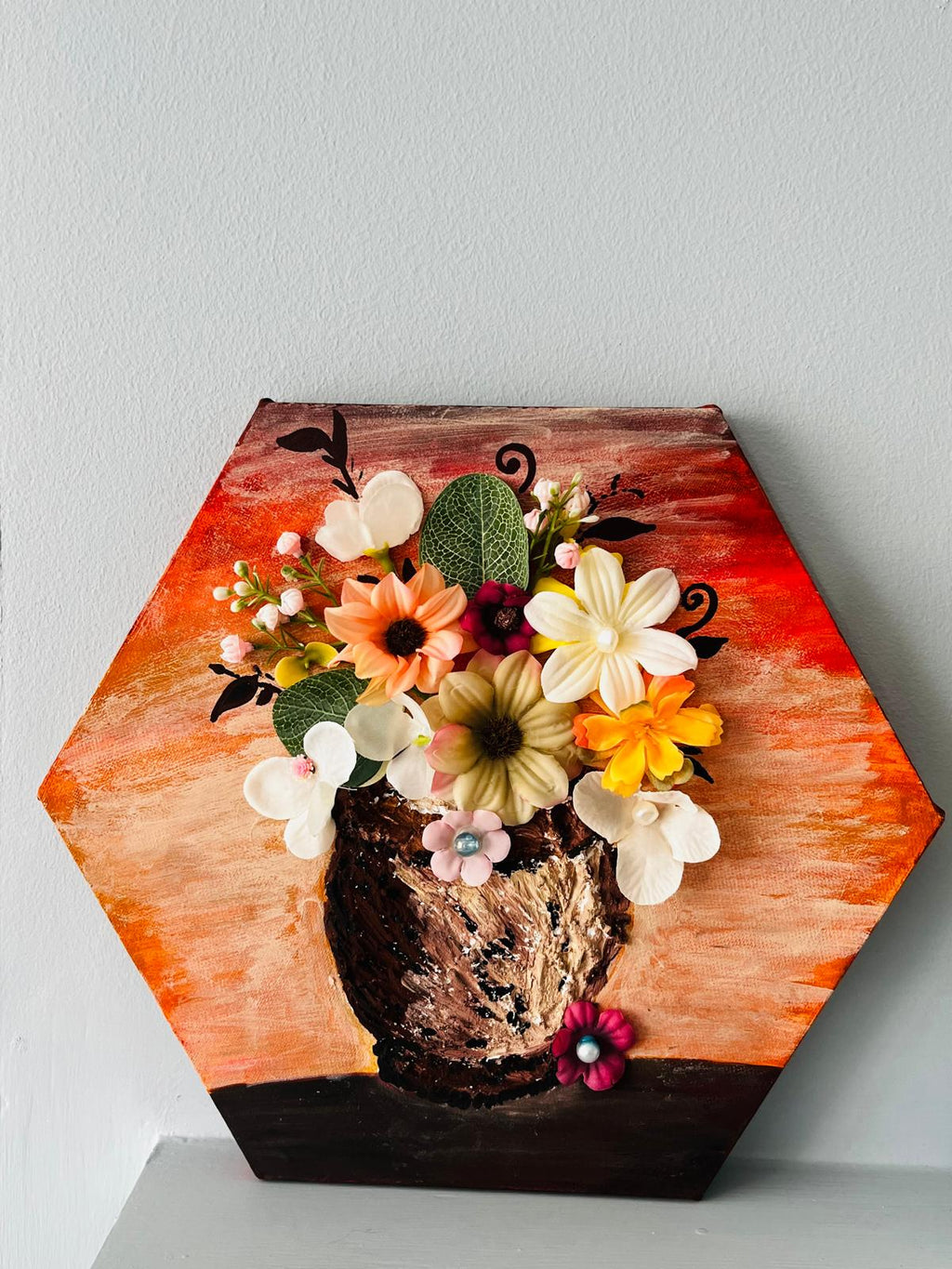 3D Wall Art Flower Vase_ Hexagon shaped Canvas