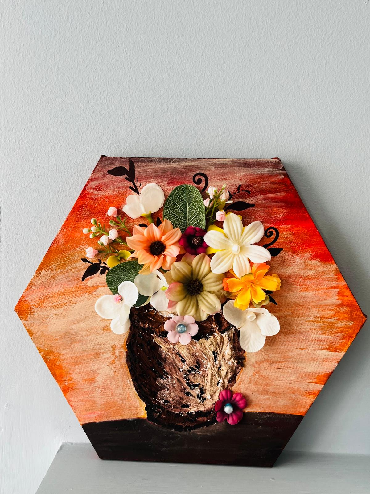 3D Wall Art Flower Vase_ Hexagon shaped Canvas