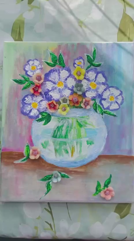 3D Hand-Painted Canvas: Featuring floral arrangements composed of elegant, multi-coloured artificial flowers.